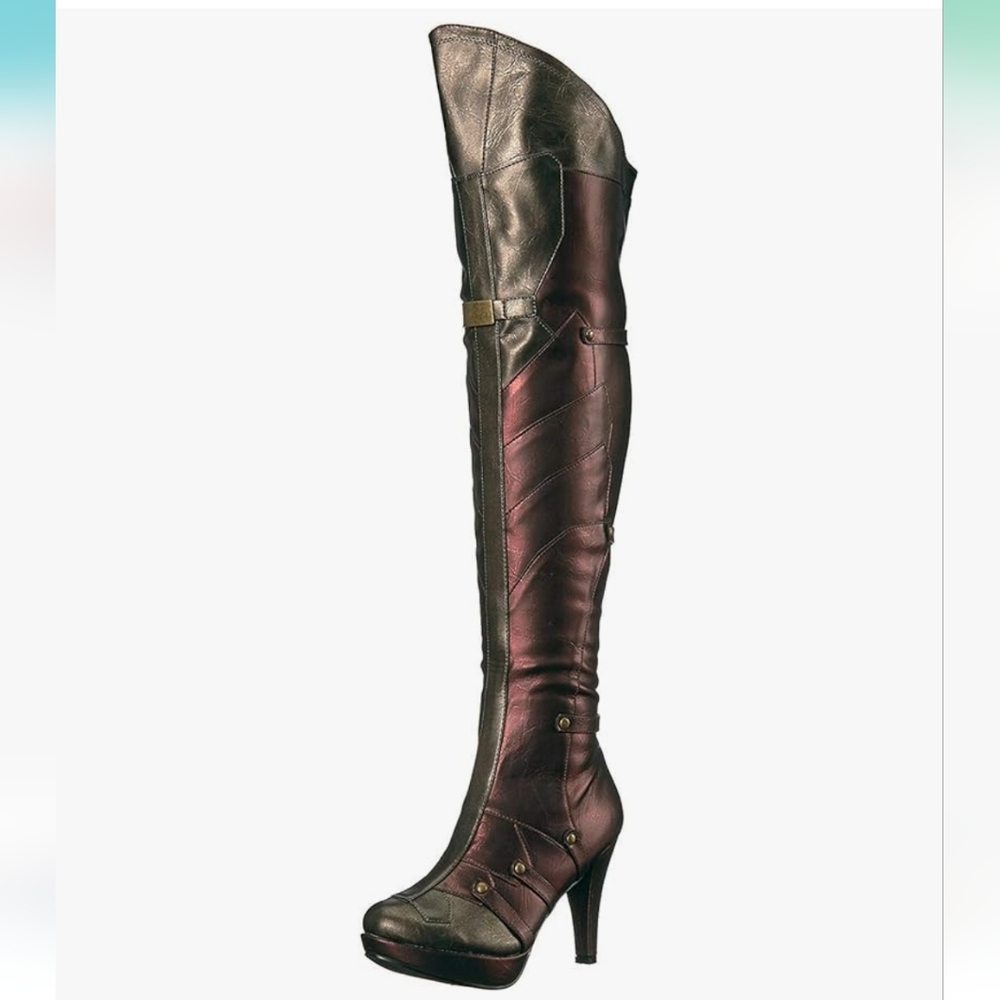 NIB Ellie Wonder Superhero Thigh High Heeled Boots 7 Metallic Red Gold Platform